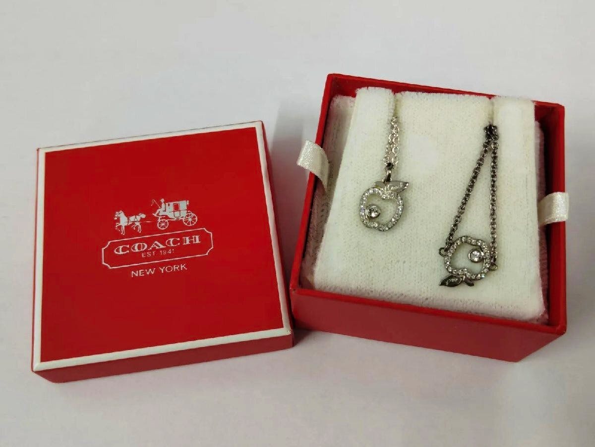 Red Coach box with a white cushion showing an apple-shaped necklace and bracelet.