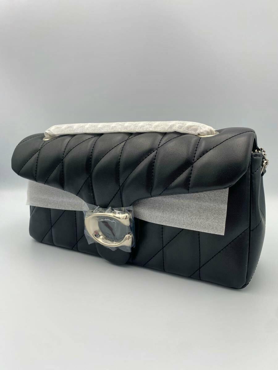 Black COACH Tabby 26 leather shoulder bag with quilted stitching and silver hardware shown from the front-side.