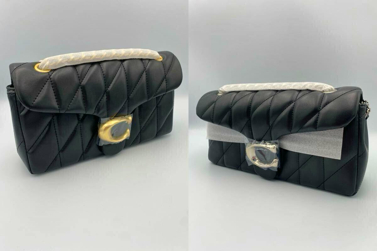 Black quilted COACH shoulder bag with gold C-shaped clasp and wrapped top handle.