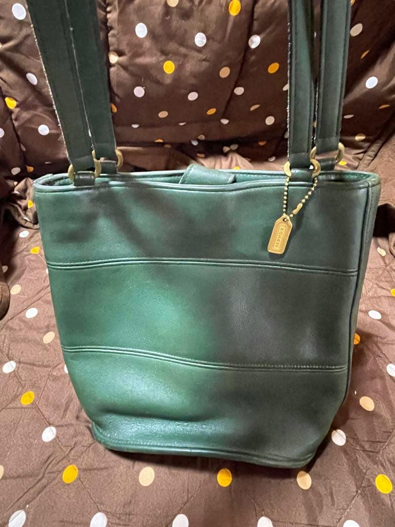Green COACH bucket-style leather bag with double shoulder straps and a gold-tone COACH tag, photographed upright on a brown polka-dot surface.