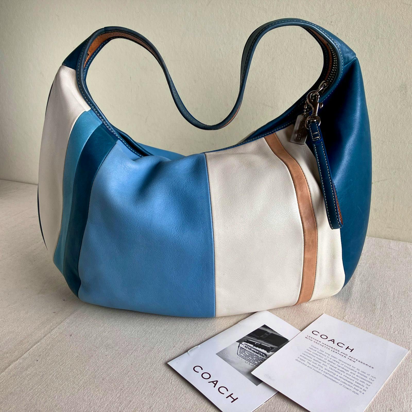 Blue, white and tan striped Coach leather hobo shoulder bag displayed on a light fabric surface with Coach pamphlets nearby.