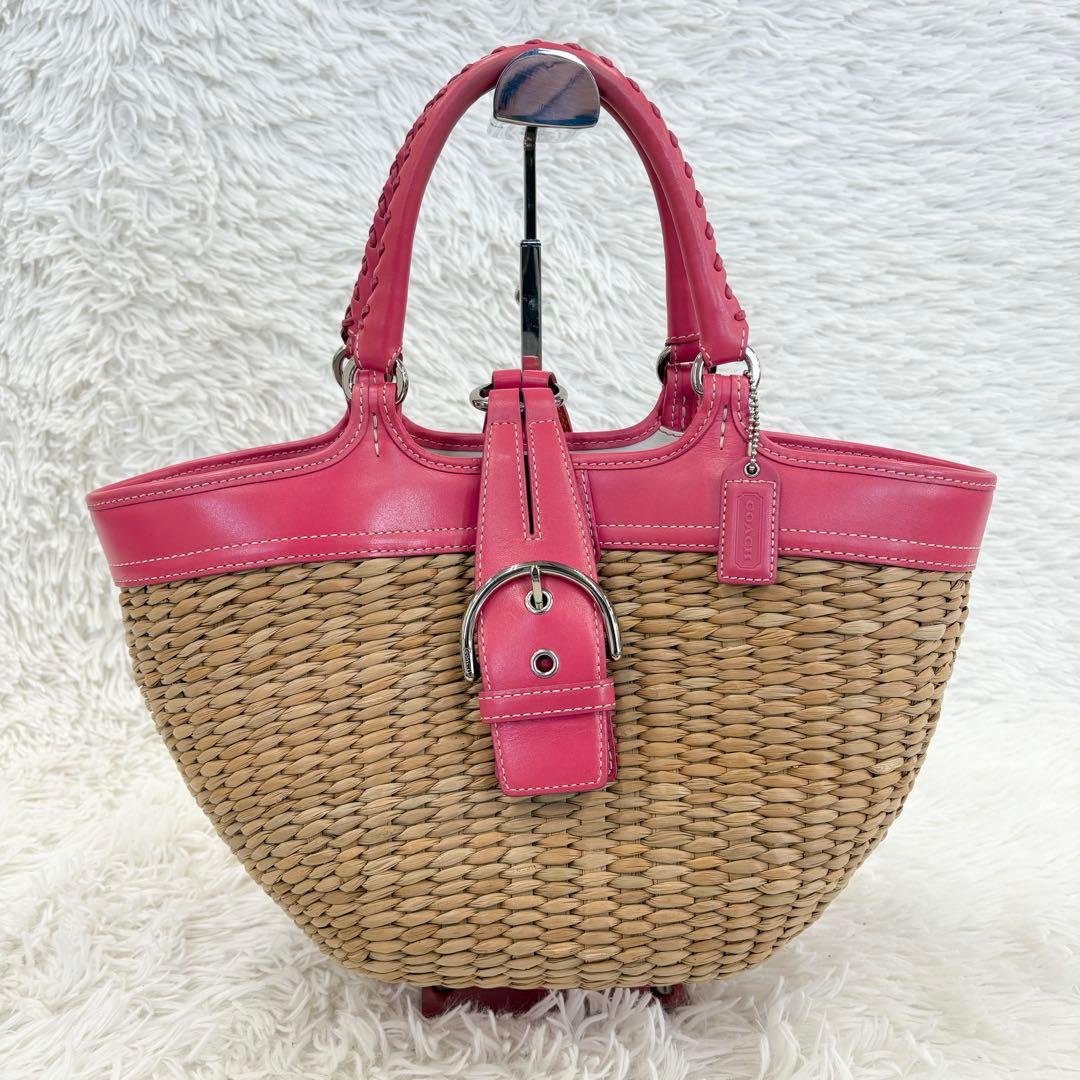Woven straw basket bag with pink leather trim, handles, front belt detail, and hang tag.