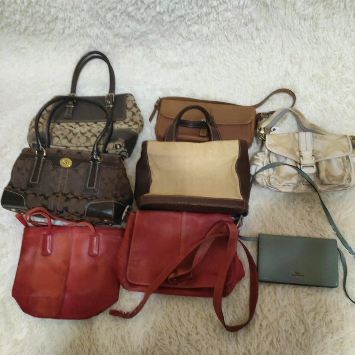 A collection of eight assorted handbags and small bags laid out on a light shag rug, several showing Coach signature pattern.