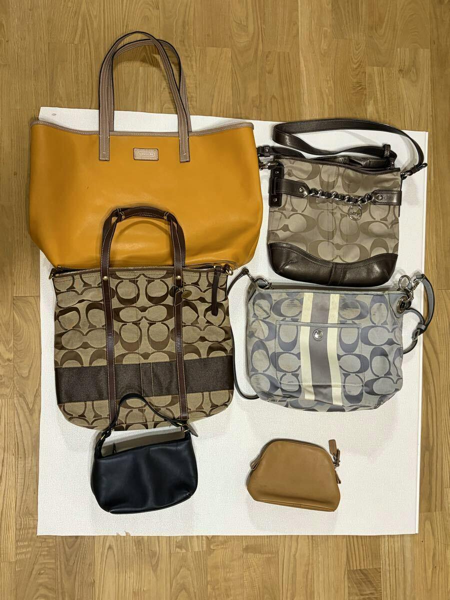 Six Coach bags and pouches arranged on a white mat on a wooden floor, including totes, shoulder bags, a small black pouch, and a tan coin purse.