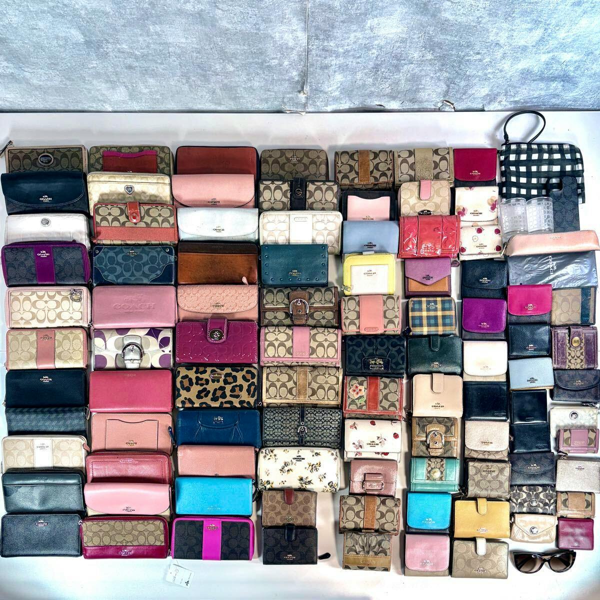 Many Coach wallets and small pouches in various colors and signature canvas patterns arranged in a grid on a white background.