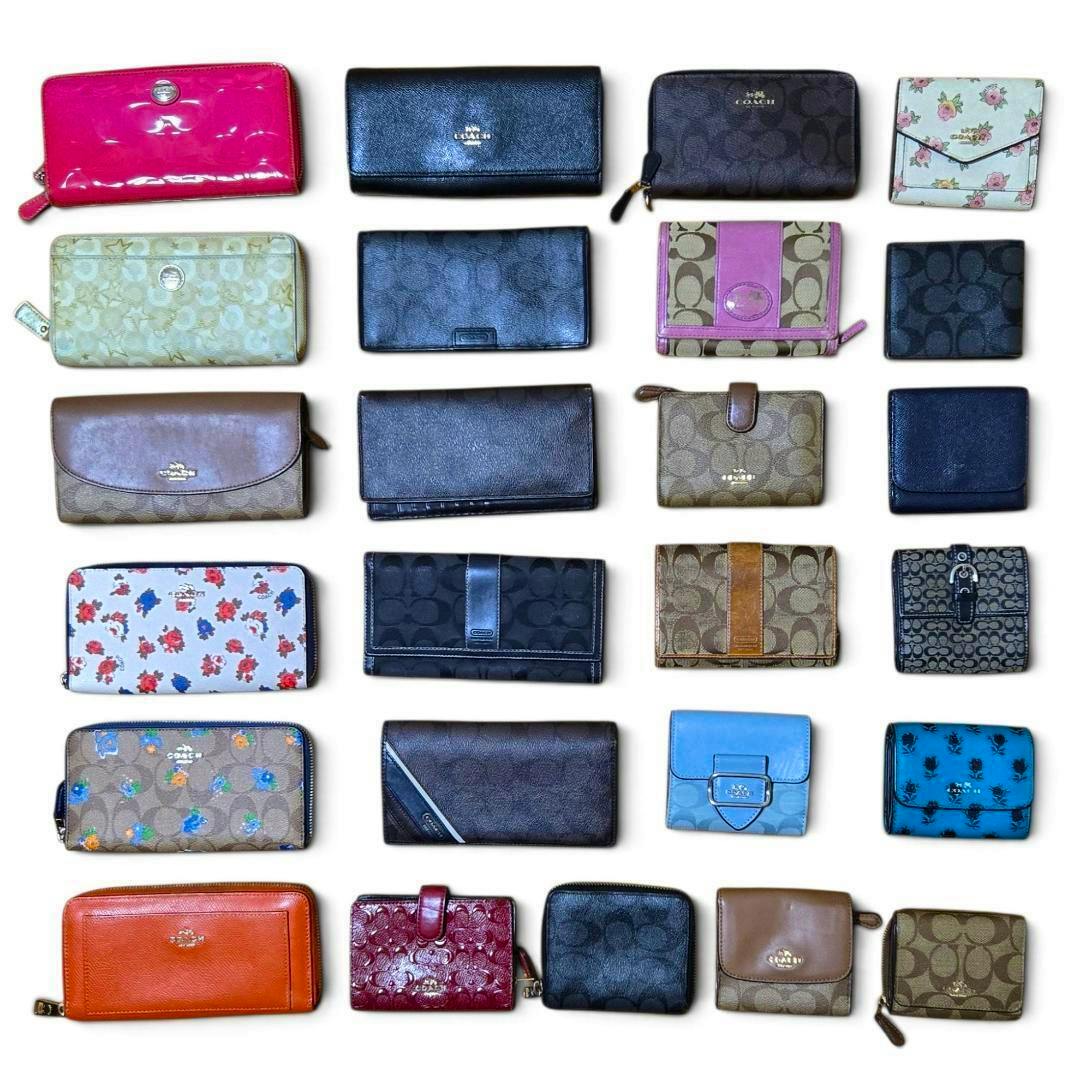 Twenty-five Coach wallets arranged in a 5x5 grid on a white background.