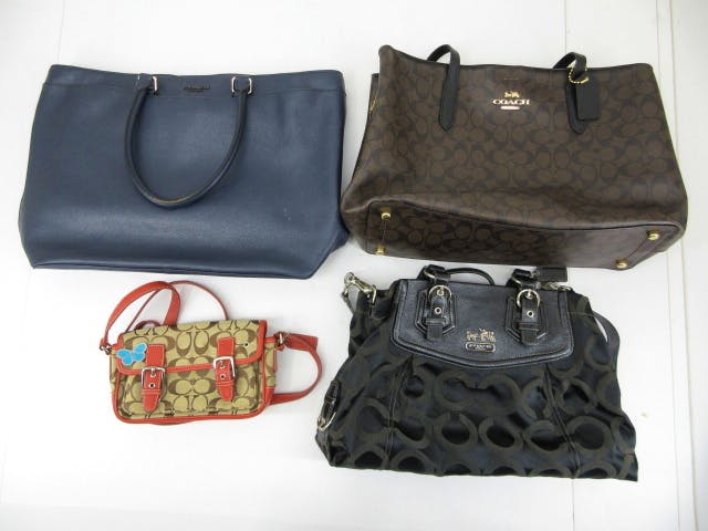 Four Coach women's bags in a 4-piece set — tote, shoulder bag, handbag, and small crossbody — arranged on a white background.