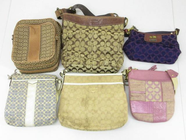 Six COACH women's bags in various styles (tote, shoulder, and small pouches) arranged on a white background.