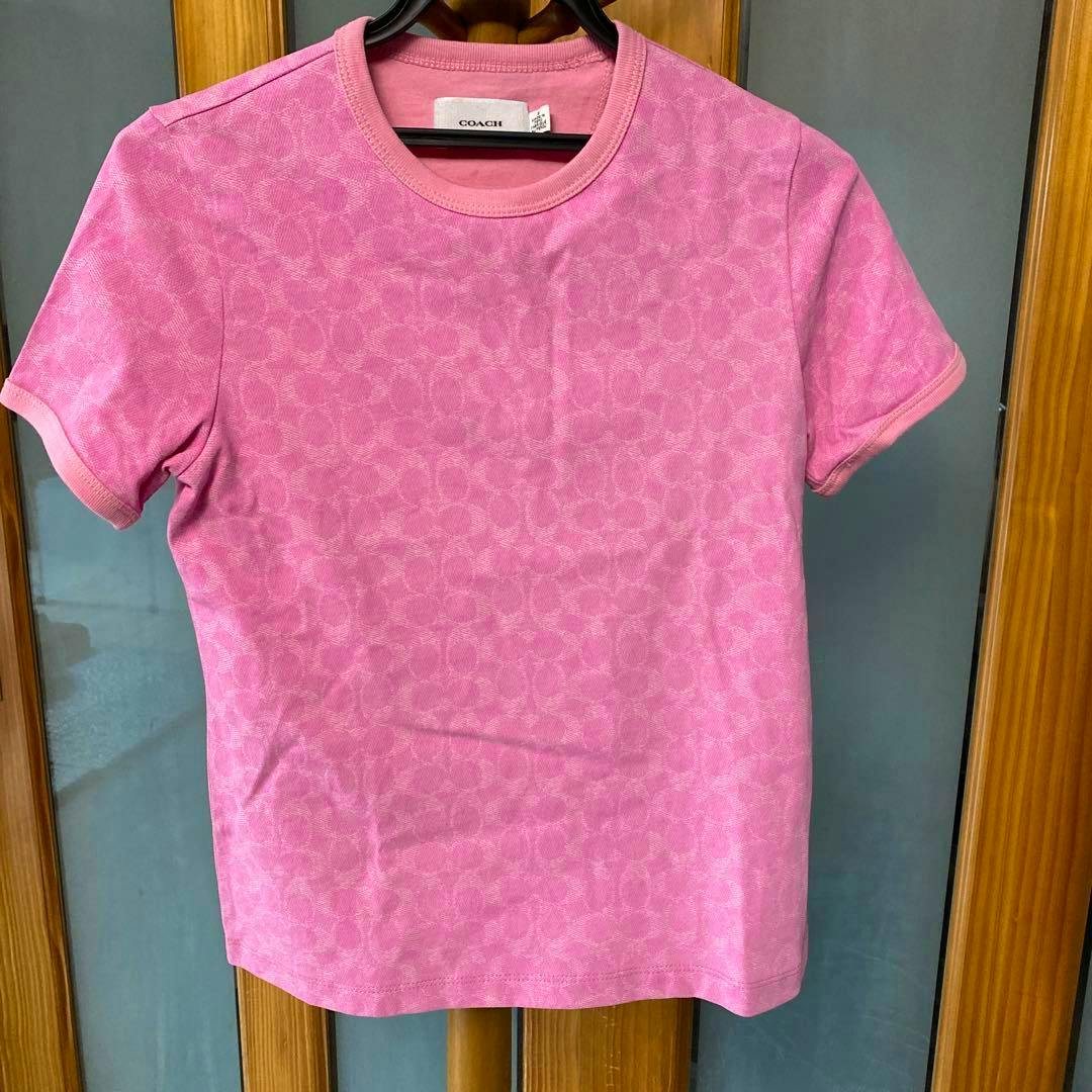Front view of the COACH pink women's short-sleeve cotton T-shirt hanging on a hanger.