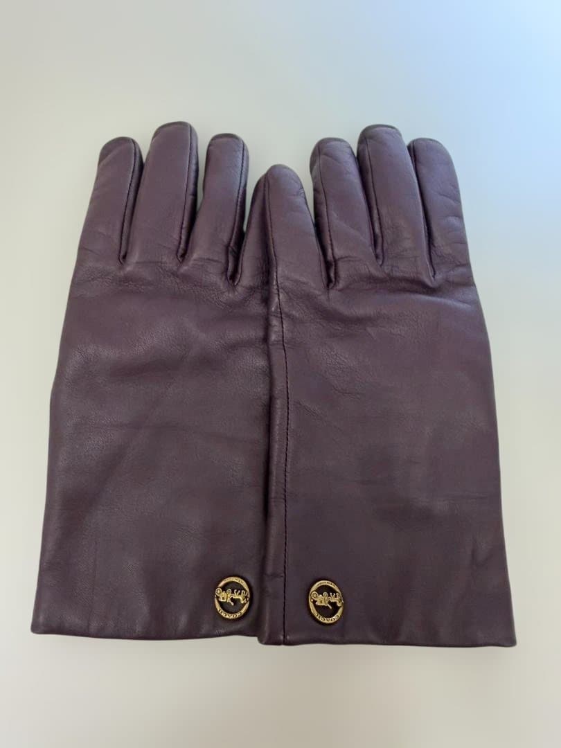 Purple Coach leather women's gloves laid flat showing the back with gold logo hardware at the cuffs.