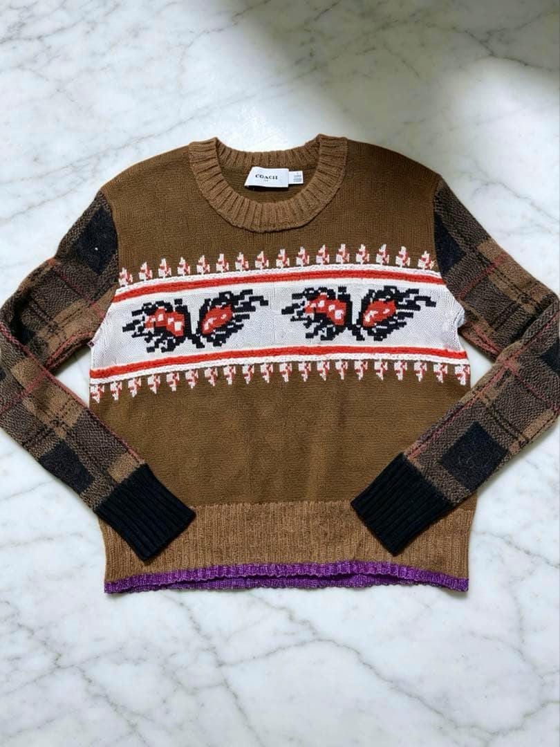 Brown wool Coach sweater laid flat, showing a leaf-patterned stripe across the chest and patterned sleeves.