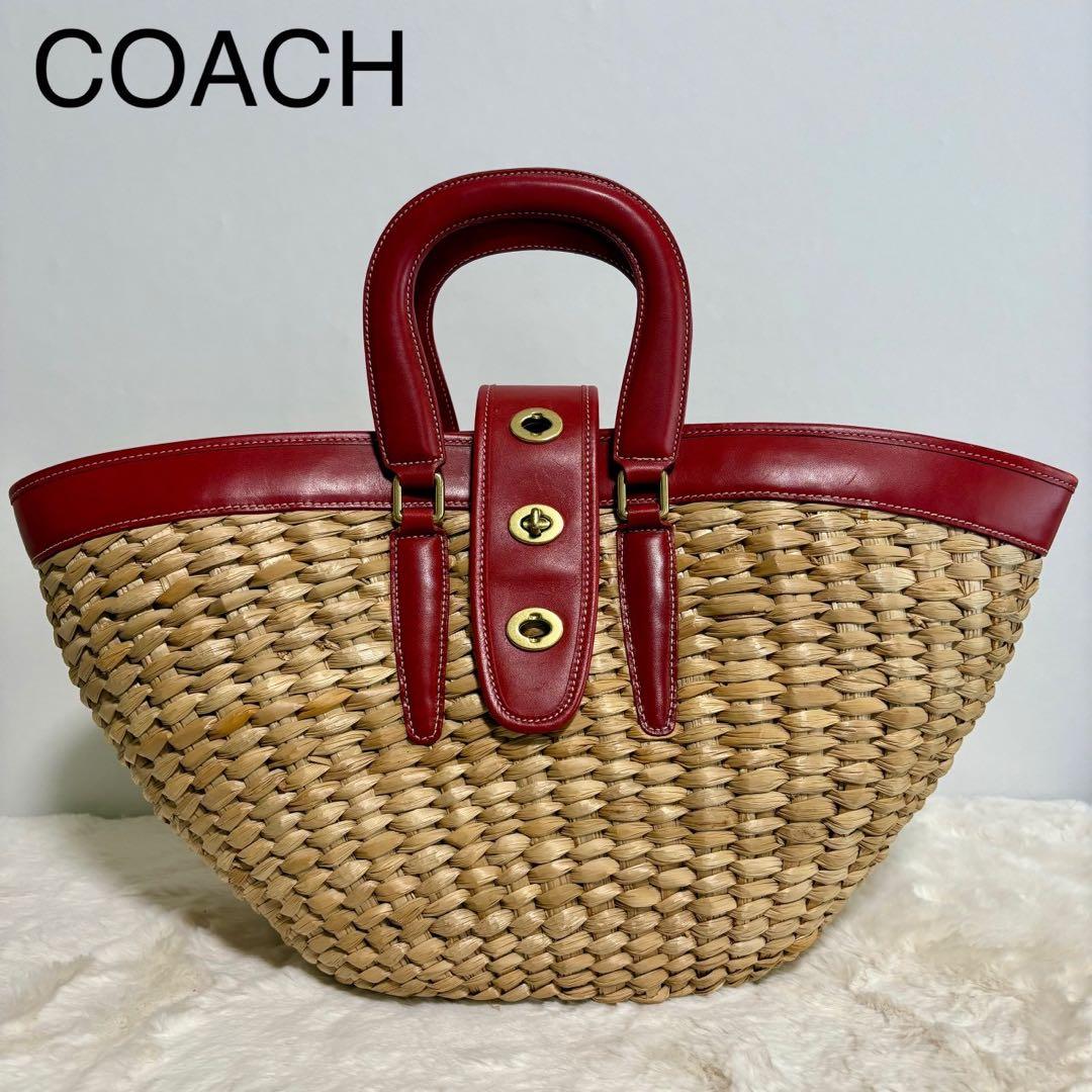 Woven basket bag with red leather trim and handles and gold turn-lock hardware, shown front-facing.