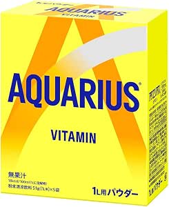 Yellow box of Coca-Cola Aquarius vitamin powdered drink mix packaging with prominent AQUARIUS branding.