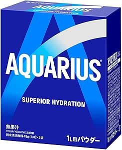 Blue box of Aquarius powdered drink mix packaging labeled "AQUARIUS" and "SUPERIOR HYDRATION".