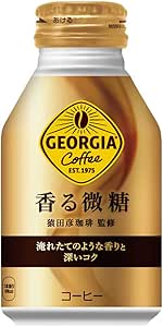 Front view of a Georgia Coffee bottle-shaped can with gold labeling and Japanese text.