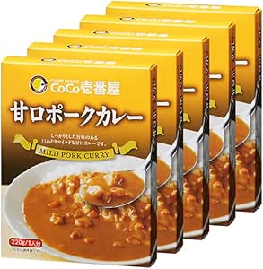 Five boxed packages of CoCo Ichibanya sweet (mild) pork curry (220g) showing a bowl of curry on the packaging.
