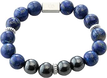 Beaded bracelet in a circular layout featuring blue and dark polished beads with small metal spacer rings and a rectangular metal clasp.