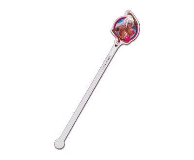 Acrylic stirrer on a white background with a printed illustration of Liliana at the top.