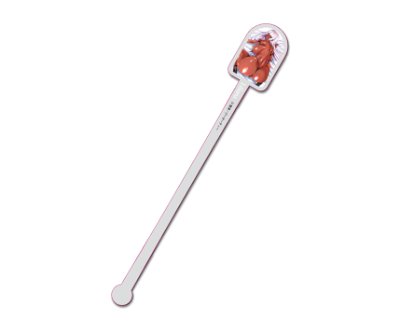 An acrylic stirrer with a character illustration at the top photographed on a white background.