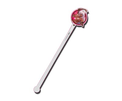 A photo of the acrylic stirrer showing a long slim handle and a round top featuring an illustrated Anette character.