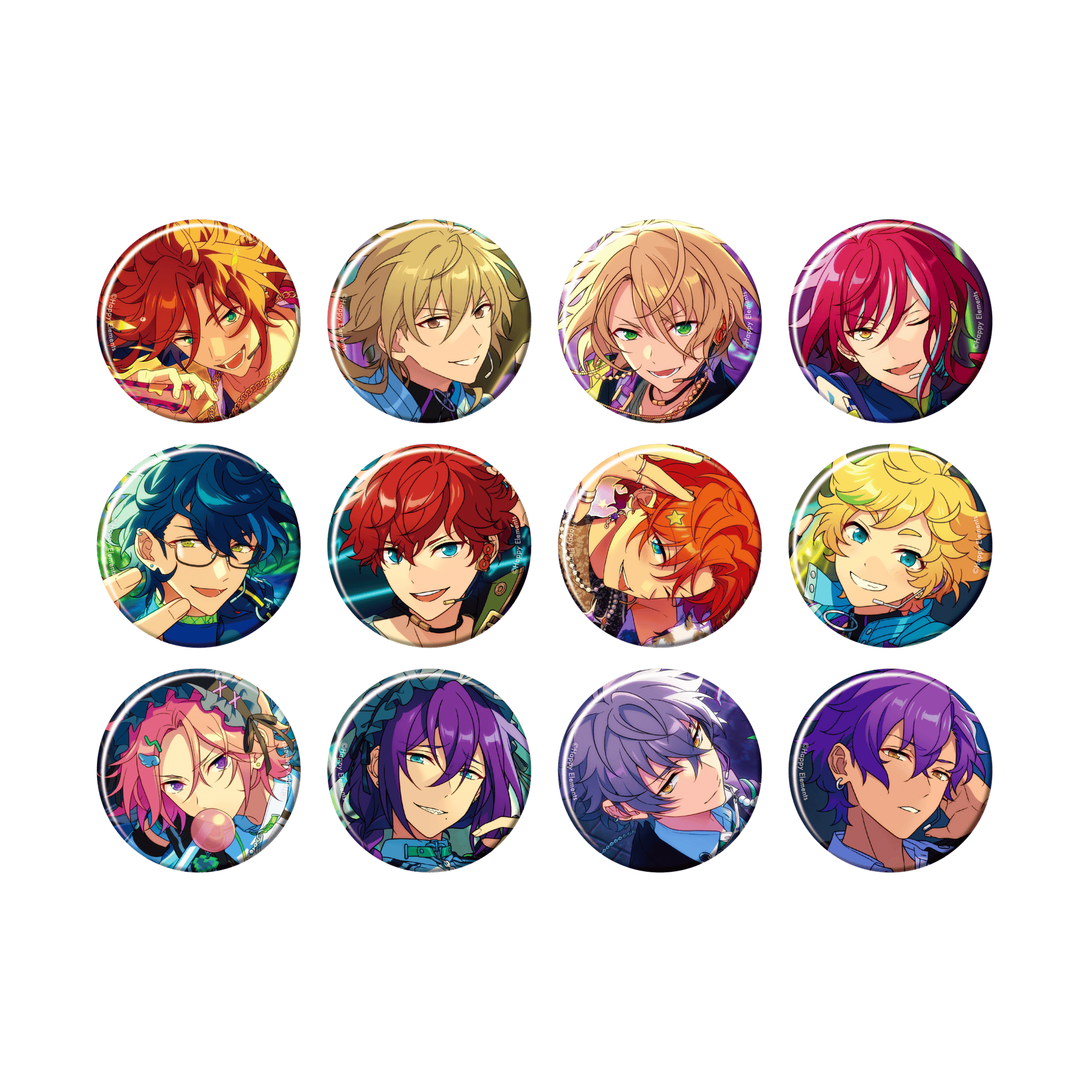 Photo of multiple round collectible can badges showing colorful illustrated idol character faces arranged in rows on a plain background.