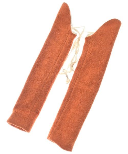 Pair of long orange polyester gloves laid flat with white ties.