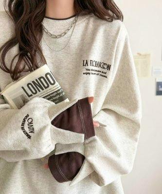 Light gray oversized color-block embroidered layered-look pullover shown on a model, displaying brown inner sleeve cuffs and embroidered chest text.