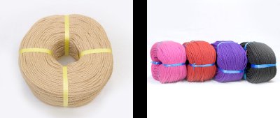 Coiled natural-colored jute rope secured with yellow bands on a white background.