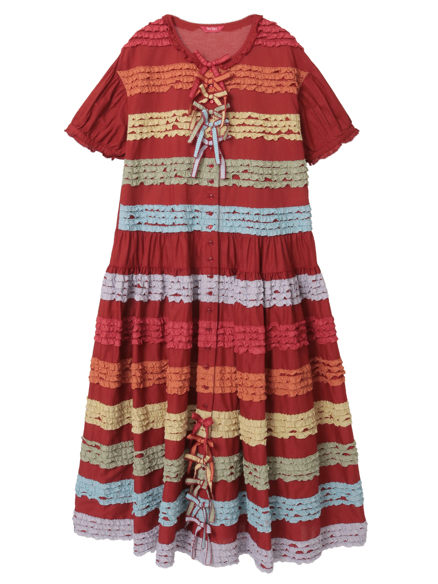 Front view of a women's cotton dress with colorful horizontal frilled stripes and front lace-up details.