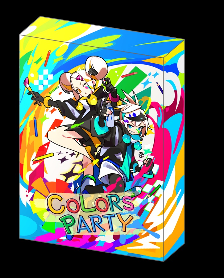 Colorful illustrated box for the COLORSPARTY colored pencils set featuring two stylized characters and the 'COLORS PARTY' logo.