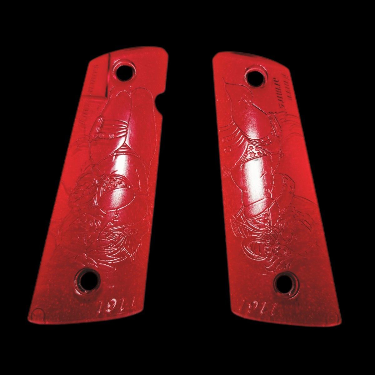 Two clear red skeleton grip panels for a Colt Government pistol shown on a black background.
