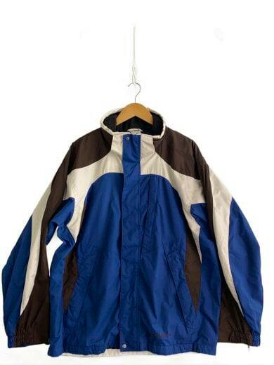 Front view of a Columbia navy nylon men's jacket (size L) hanging on a hanger against a white background.