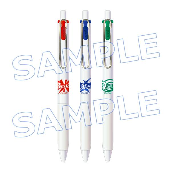 Three white ballpoint pens with red, blue, and green clips and matching logos shown with a SAMPLE watermark.