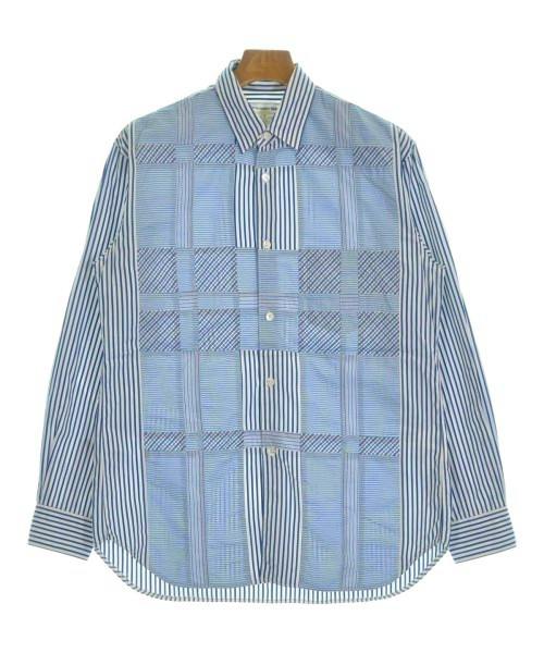 Front view of a men's long-sleeve blue and white striped shirt with a patterned front panel on a wooden hanger.