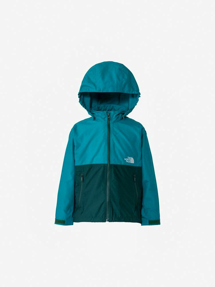 Front view of the children's nylon compact jacket with hood in teal and dark green on a white background.