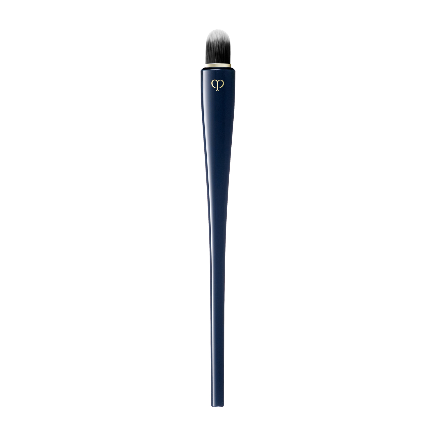 A single navy-handled makeup brush with short rounded bristles on a white background.