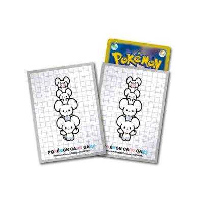 Two gray‑bordered card sleeves with a stacked mouse character on a grid background, one sleeve showing a Pokémon card partially inserted.