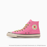 Side view of a pink high-top canvas sneaker with green laces and a round star ankle logo on a white background.