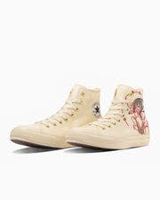 Beige ALL STAR FUJINRAIJIN HI high-top sneakers with a red graphic on the outer side, shown as a pair on a white background.