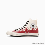 High-top canvas sneaker with red flame graphic and All Star ankle patch visible.