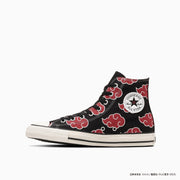 High-top black canvas sneaker with red cloud pattern, white rubber sole, and a white round star ankle patch.