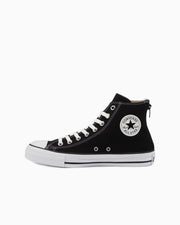 Black high-top canvas sneaker shown in side profile with white rubber sole and round All Star ankle logo.
