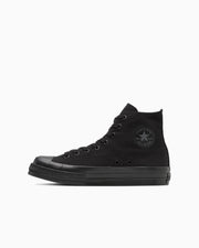 Black All Star square-toe high-top canvas sneaker shown in side profile on white background.
