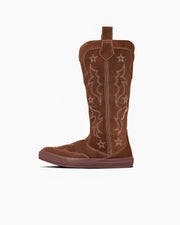Brown suede western boot with a star and decorative stitching shown in profile on a white background.
