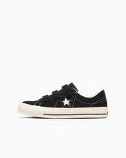 Side view of a black ONE STAR SUEDE V-3 suede low-top tennis shoe with a white sole and star logo.