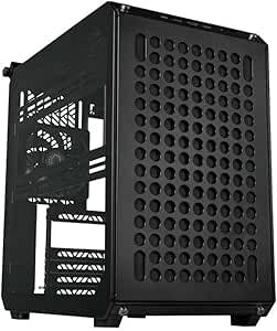 Cooler Master Qube 500 black mid-tower ATX PC case shown front-left three-quarter view with perforated front panel and transparent side panel.