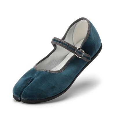 Blue rubber Mary Jane sandal with a split-toe (tabi) design and an adjustable buckle strap.