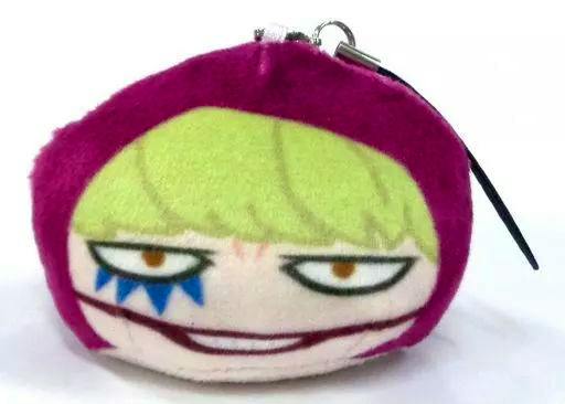 Front view of the Corazon otedama plush keychain showing its printed face, green hair, and purple hood.