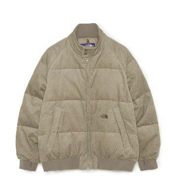 Front view of a corduroy down jacket laid flat against a white background.