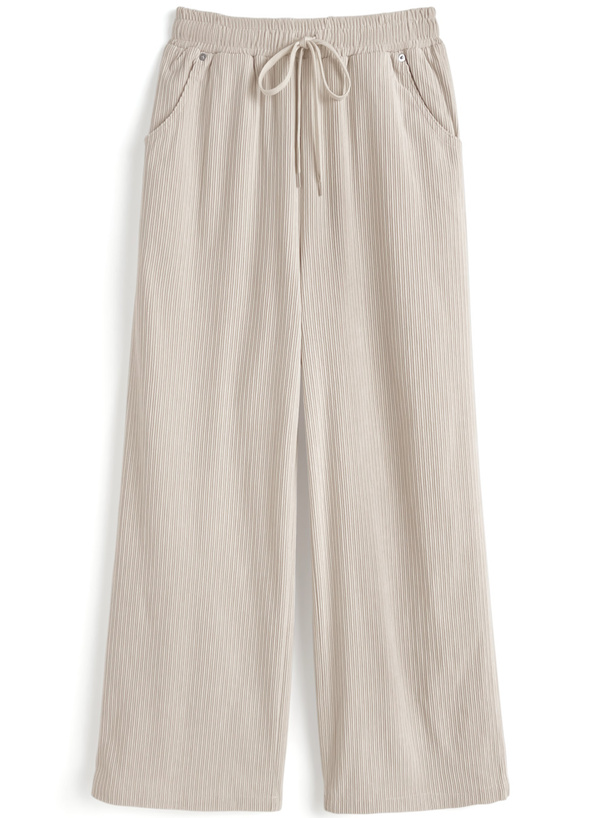 Beige corduroy wide women's pants with elastic waist, drawstring, and front pockets laid flat.